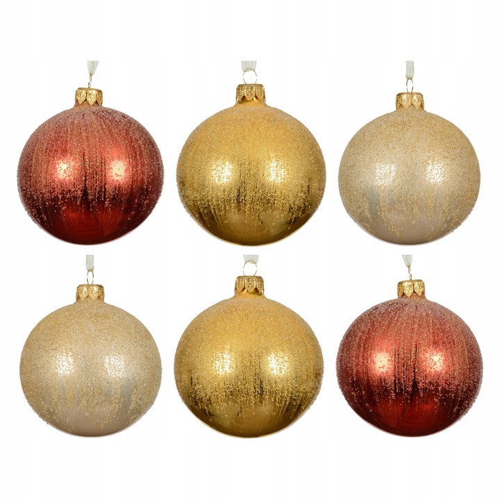 Set 6 globuri de Craciun din sticla 8 cm, rosii si aurii, cu sclipici