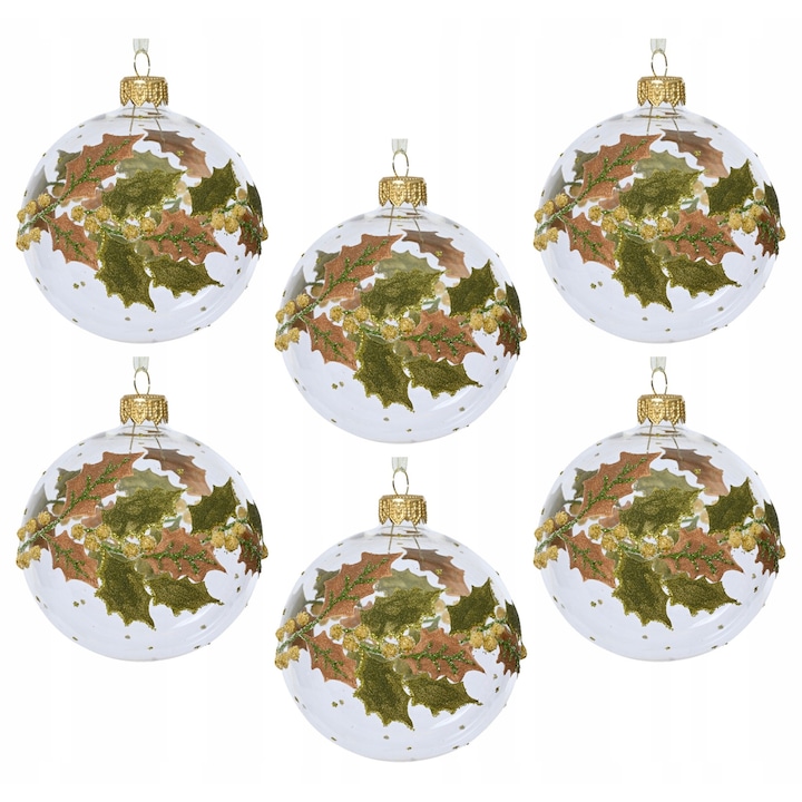 Globuri de Craciun, Kaemingk, set 6 buc, 8cm, transparente, cu motiv de ostrokras, detalii aurii