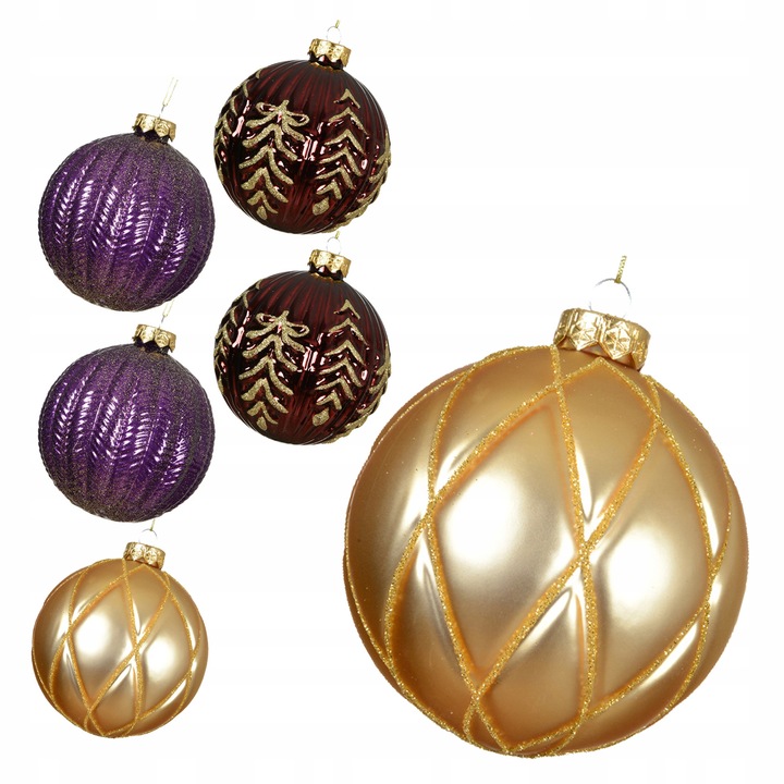 Set 12 globuri de Craciun din sticla 10cm, fiolet, bordou, auriu, finisaj lucios si mat