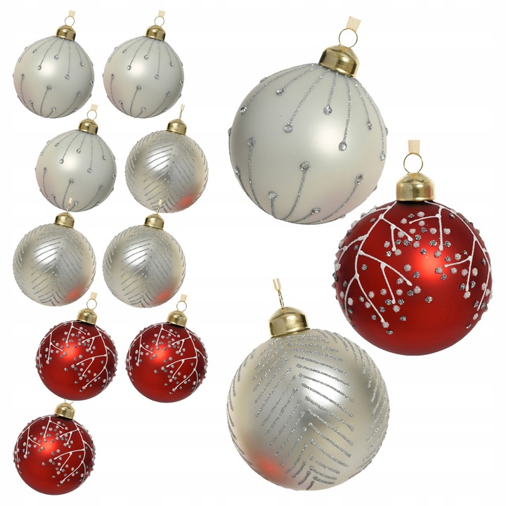 Set 12 globuri de Craciun, Kaemingk, 8 cm, mat, cu ramuri si linii de sclipici, alb-rosu-silver