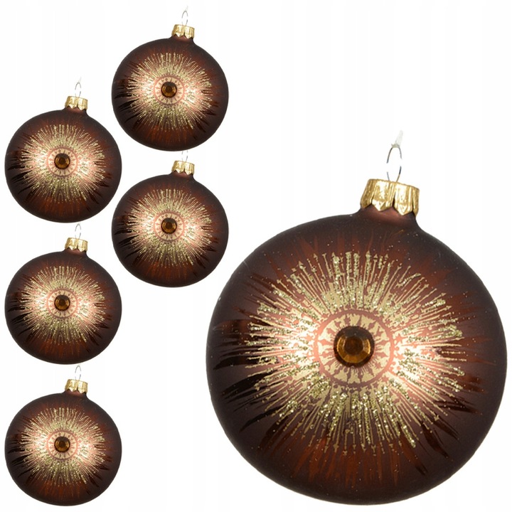 Globuri de Craciun, Kaemingk, set 6 bucati, 8cm, brown cu medalion auriu