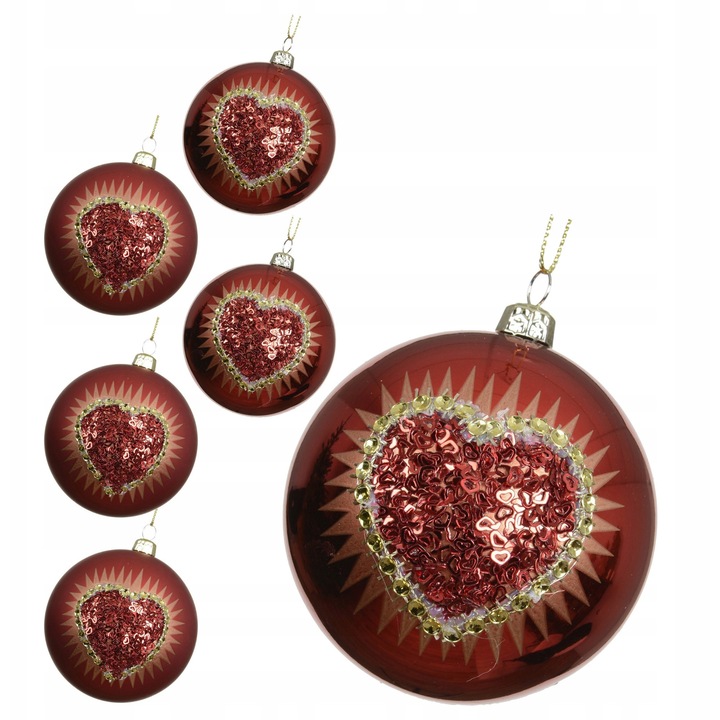 Set globuri de Craciun rosii cu inima si paiete, 6 buc, 8 cm, lucioase si mate
