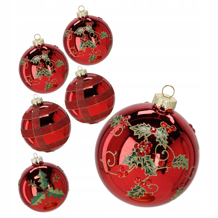 Set 6 globuri de Craciun rosii din sticla cu decor ostrokrzew, 8 cm