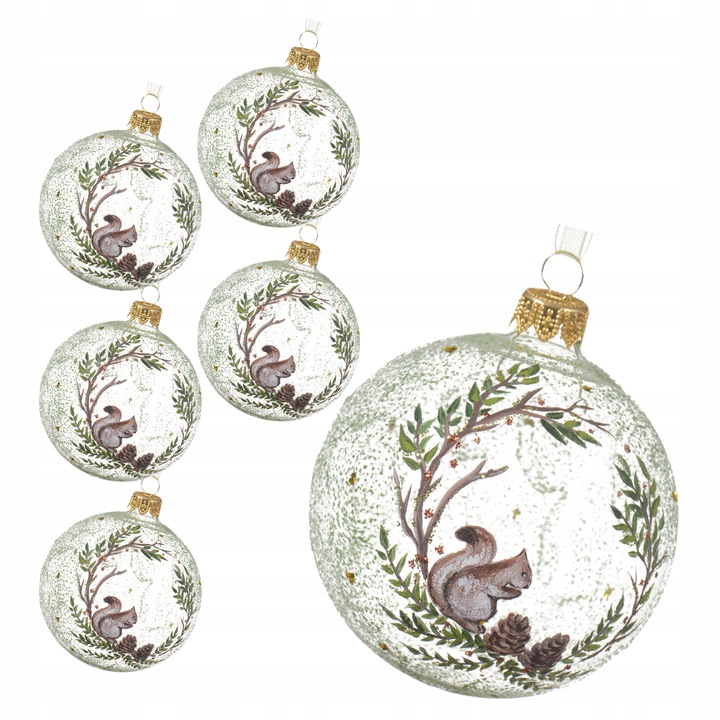 Set 6 globuri de Craciun, Kaemingk, 8cm, transparente, cu motivatie veverita in coroana