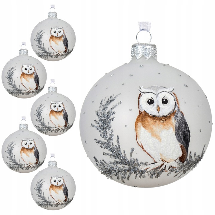 Globuri de Craciun, Kaemingk, set 6 buc, 8cm, alb rece, motiv bufnita