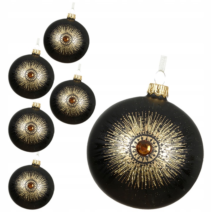 Globuri de Craciun, Kaemingk, set 6 buc, 8cm, negre cu medalion auriu