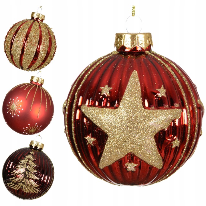 Set 12 globuri de Craciun din sticla, Kaemingk, rosu si auriu, 8 cm, diverse modele cu sclipici