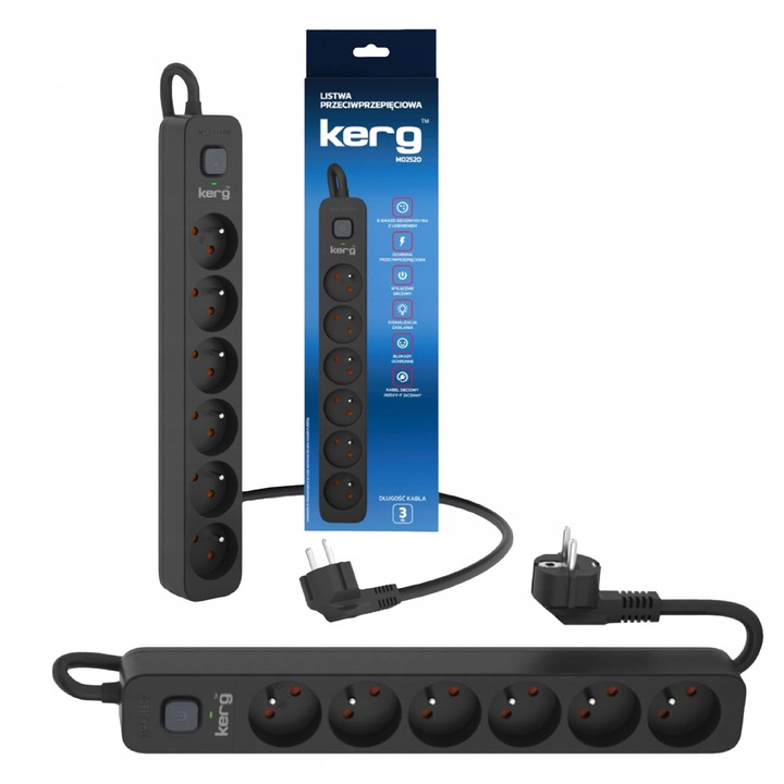 Prelungitor Kerg, 6 gniazd, protectie impotriva supratensiunii, 3m, 16A, negru
