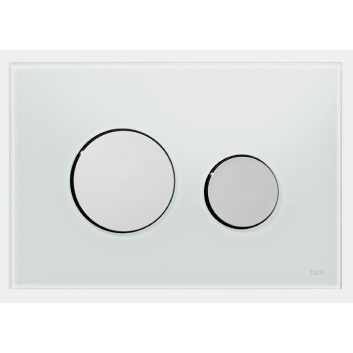 Buton spalare WC TECEloop, sticla alba lucioasa, butoane crom lucios, 220x150x11mm
