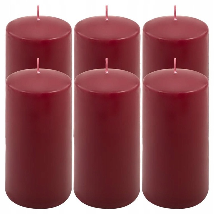 Комплект от 6 цилиндрични свещи в цвят бордо, 15x7,5 см