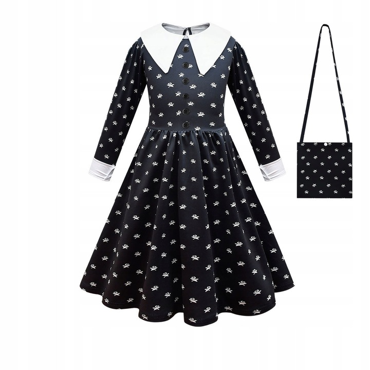 Costum de carnaval pentru copii Wednesday Addams, rochie alb-negru, set cu peruca si poseta, 11-12 ani, 150cm