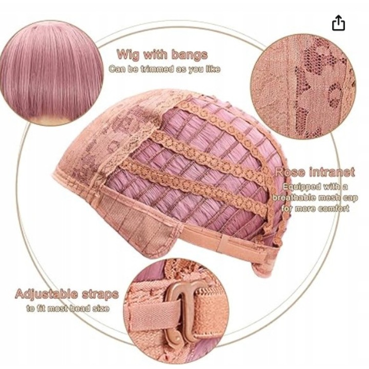 Peruca sintetica bob roz cu breton, 35 cm, set cu caciula