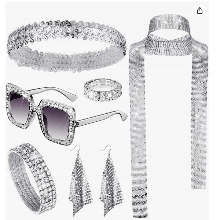 Set accesorii disco pentru femei, opasa pe cap, ochelari de soare, colier cu cristale, cercei cu paiete, inel cu paiete, bratara cu cristale, stil anii '70-'80