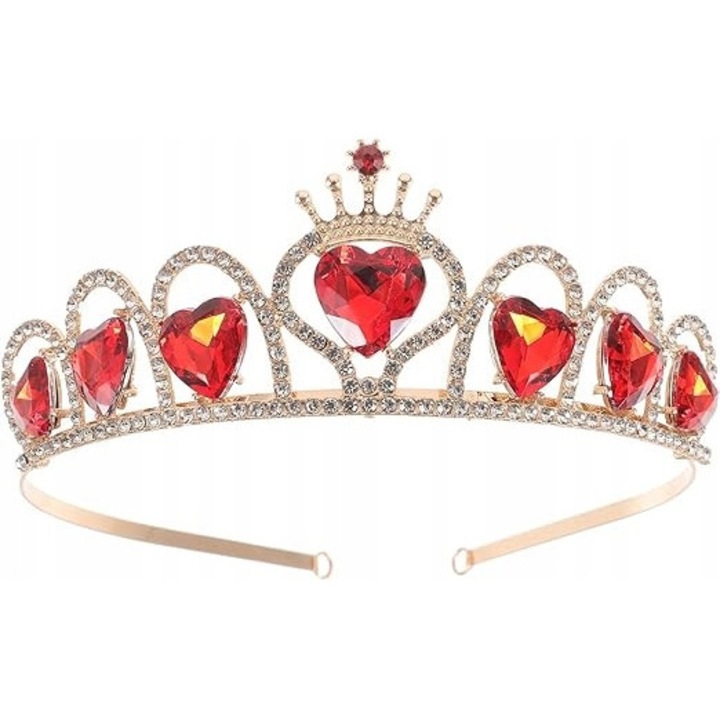 Tiara cu cristale, coroana baroca, rosie si aurie, 14,5x4cm, set