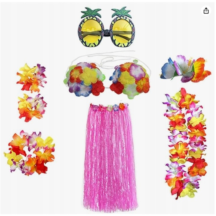 Costum Damski Hawajski Set, Spodnica Hula, Accesorii, Multicolor, S/XL