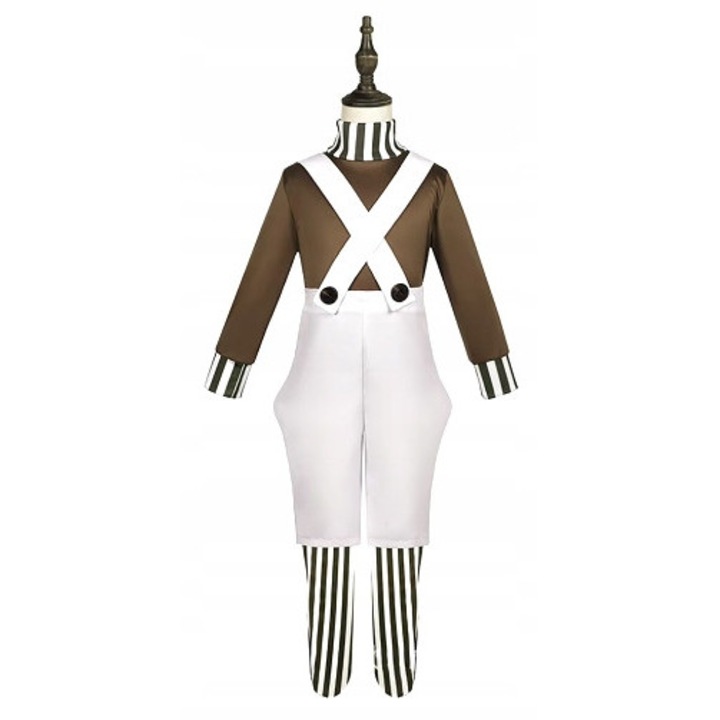 Costum Umpa Lumpa pentru copii, 7-9 ani, 122-134 cm, bluza maro cu mansete, salopeta alba