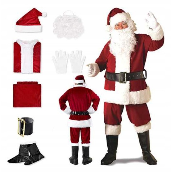 Costum de Mos Craciun, L, set complet cu bluza, pantaloni, palarie, curea, barba, manusi, multicolor