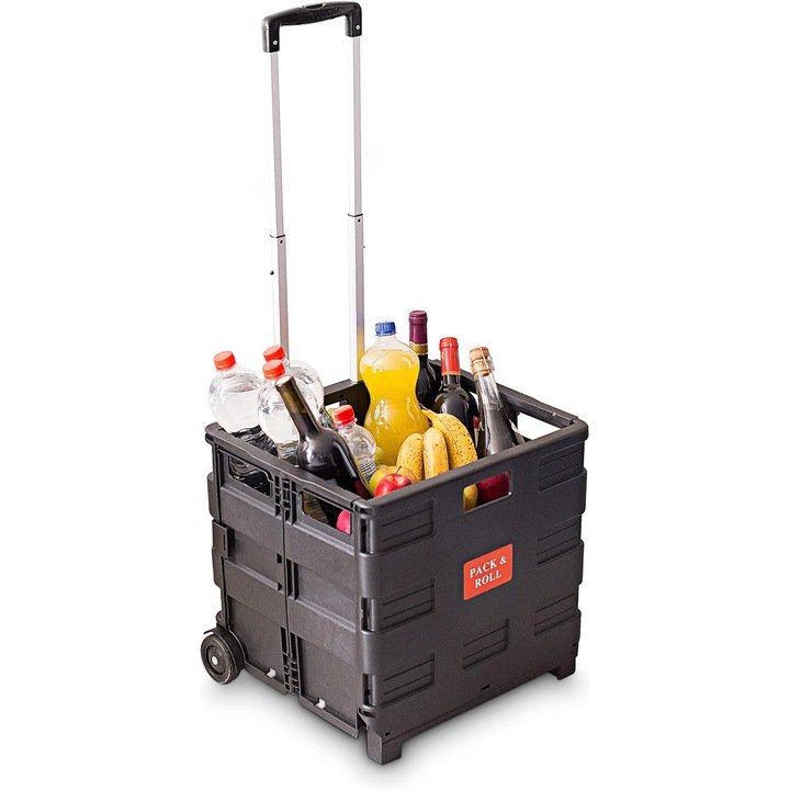 Carucior pentru cumparaturi Relaxdays, pliabil, capacitate 35 kg, negru