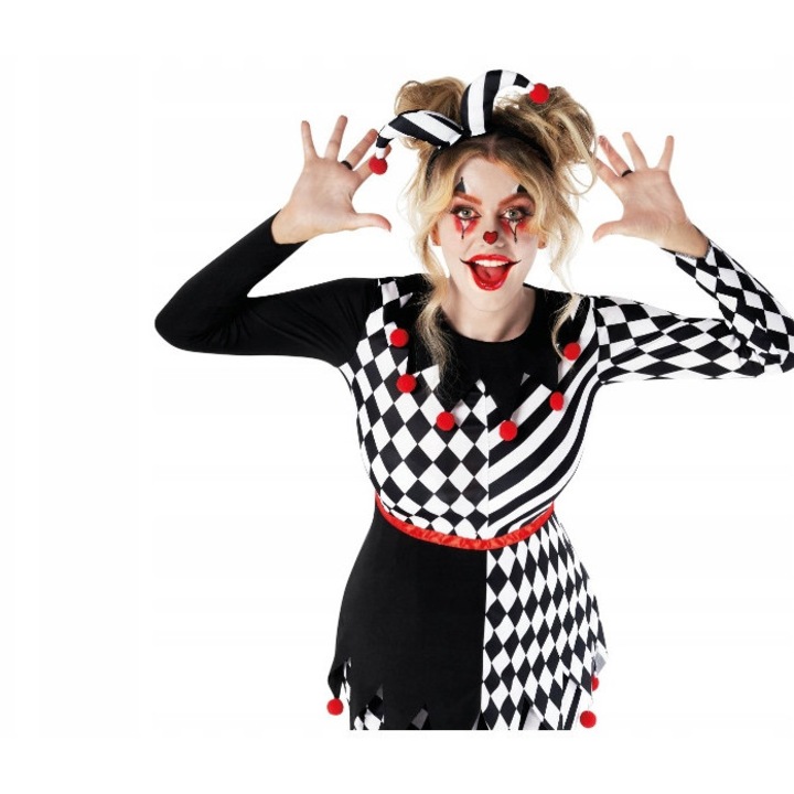 Costum Arlekina Damski, Culoare Rosu si Negru, M, Set cu Bluza si Leggings