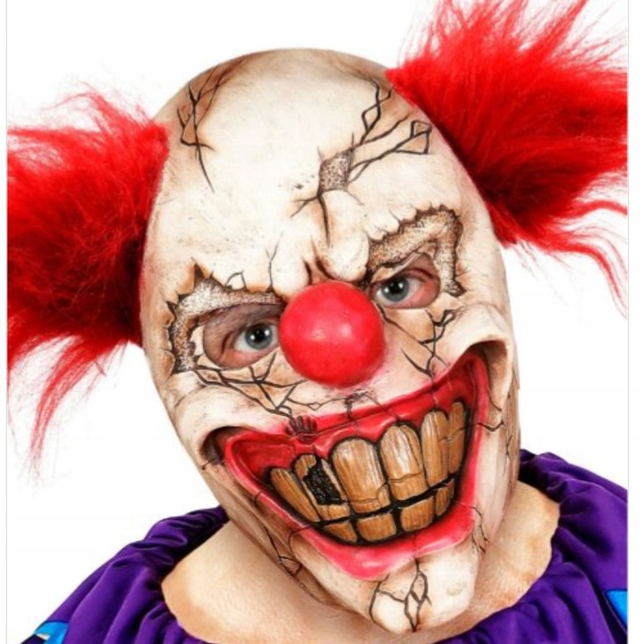 Farsangi maszk, bohóc, vörös hajjal, latexből, ijesztő részletekkel
