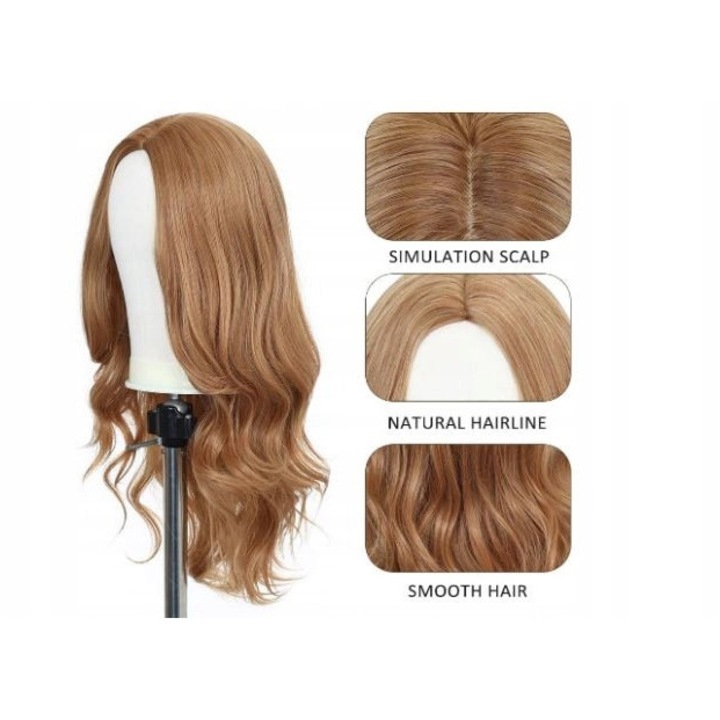Peruca Esmee lunga ondulata sintetica, blonda capsuna, 60 cm, set ajustabil