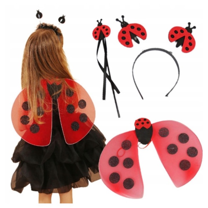 Costum Biedronka pentru Fete, Set cu Spodnica si Accesorii, 4-6 ani, 104-116 cm, Culoare Rosu cu Negru