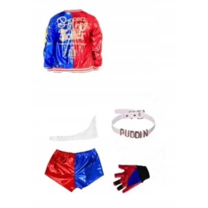Costum Harley Quinn pentru copii, 10-12 ani, 140-150 cm, set cu jacheta, sort, choker si manusa