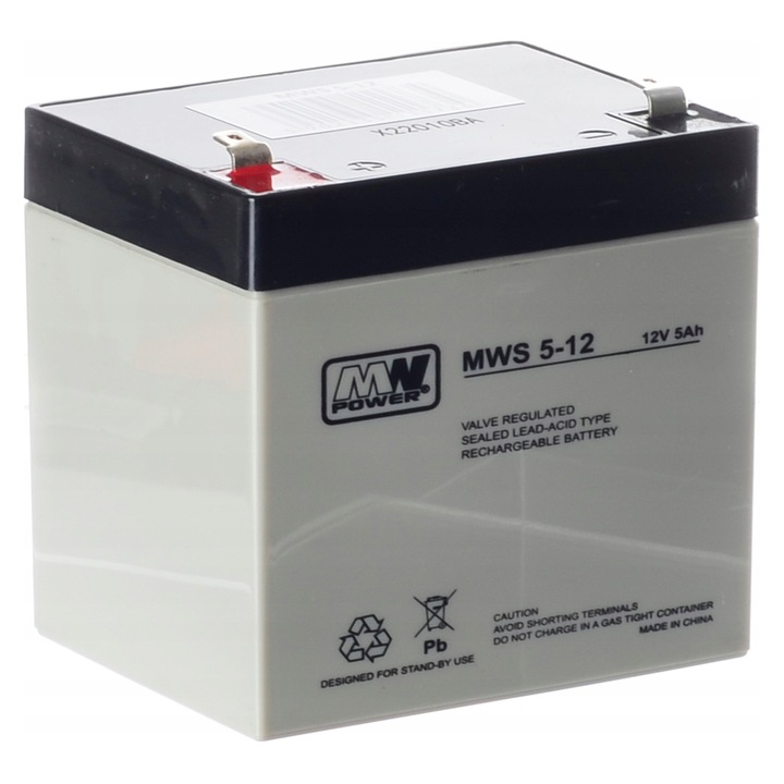 Akumulator gel 12V 5Ah MWS AGM, dimensiuni 90x70x101mm, utilizare in sisteme de alimentare de urgenta, echipamente medicale, alarme