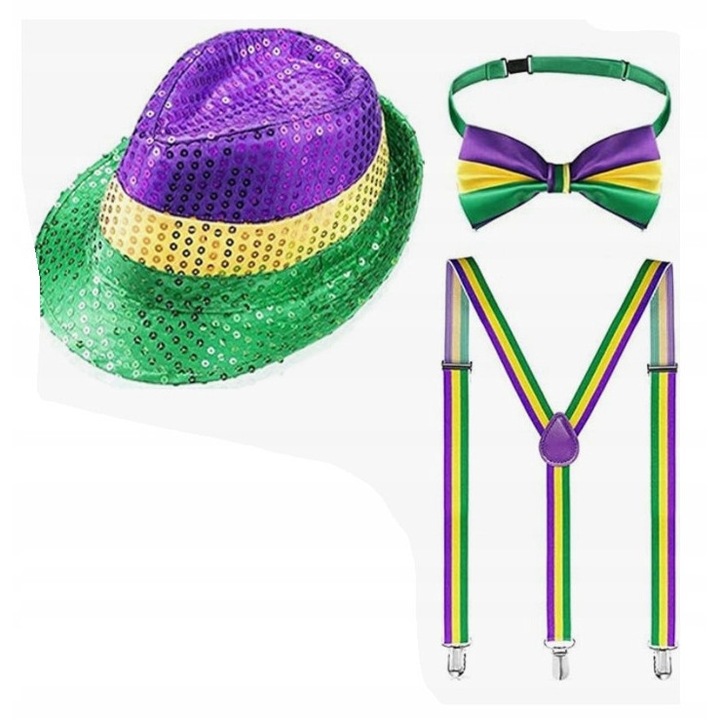 Set accesorii Mardi Gras, 1 x capelus cu paiete, 1 x siret, 1 x papion, multicolor