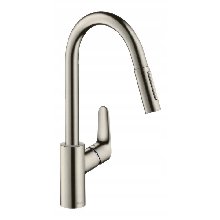 Baterie bucatarie Hansgrohe Focus M41, inox, cu dus si functie de schimbare a jetului, 41,1cm