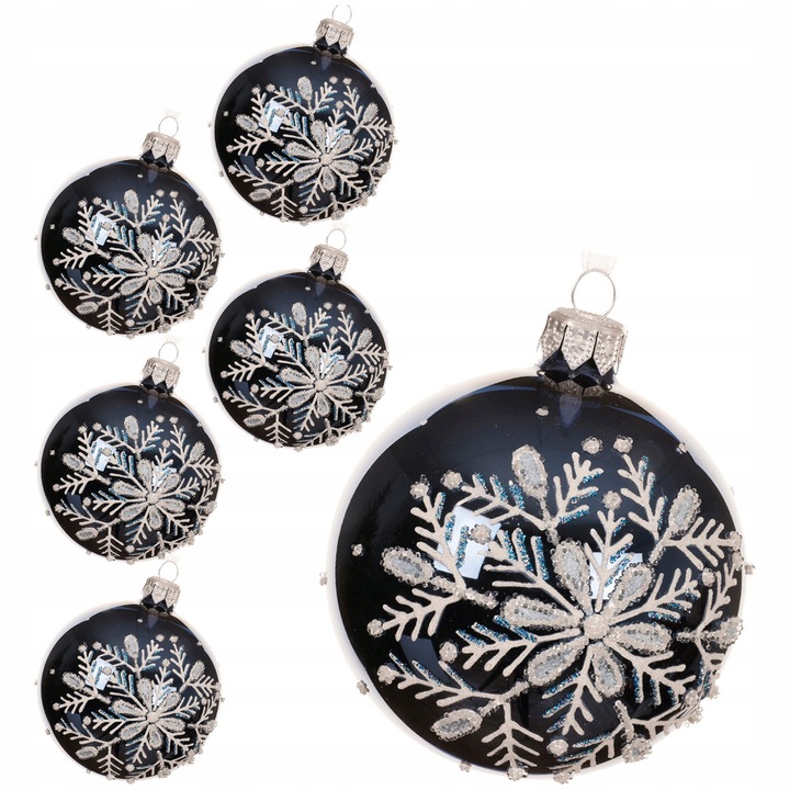Globuri de Craciun, Kaemingk, set 6 buc, 8 cm, albastru inchis, motiv fulg de zapada, lucioase