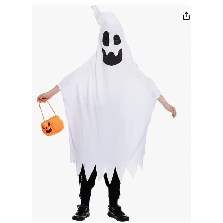 Costum Ponczo Dus cu Imprimeu Halloween, 10-12 ani, 140-152 cm, Alb, Set cu Bucket Dyni.