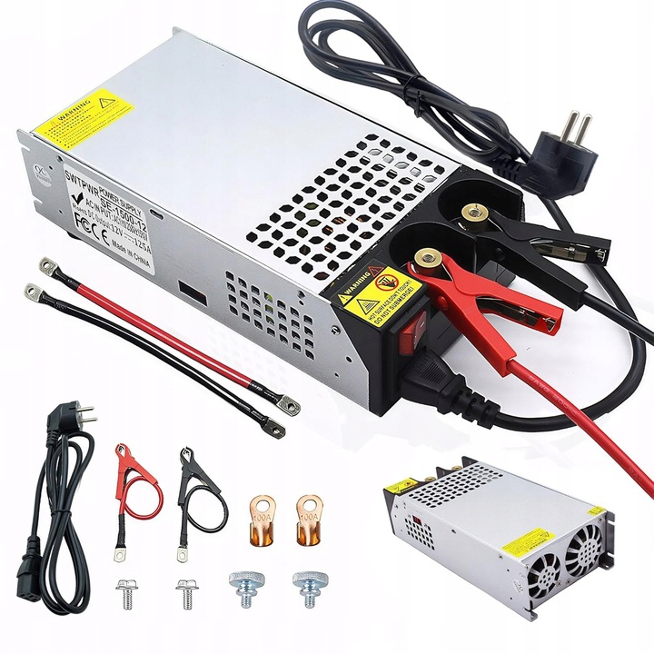 Transformator AC-DC 12 V, 100 A, 1200 W, set cu cabluri, negru
