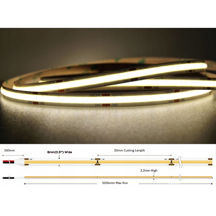 Banda LED COB 8W 24V 4000K IP20, неутрално бяло, 5м