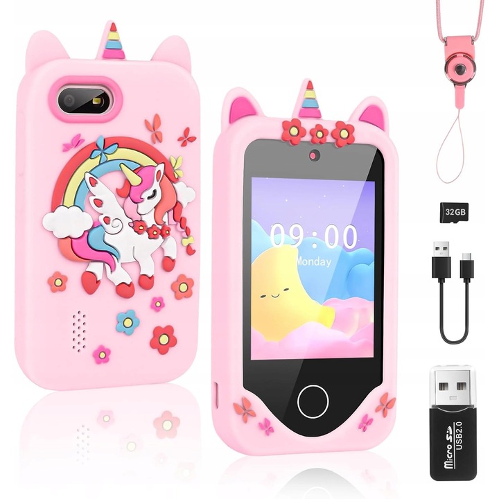 Детски телефон, смартфон с 2,4" екран, двойна камера, калъф с еднорог, 32GB, многоцветен