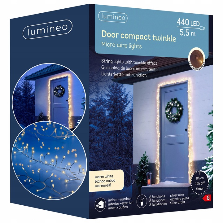 Lampa LED exterior, Lumineo, 440 dioda, 5,5m, alb cald, cablu argintiu