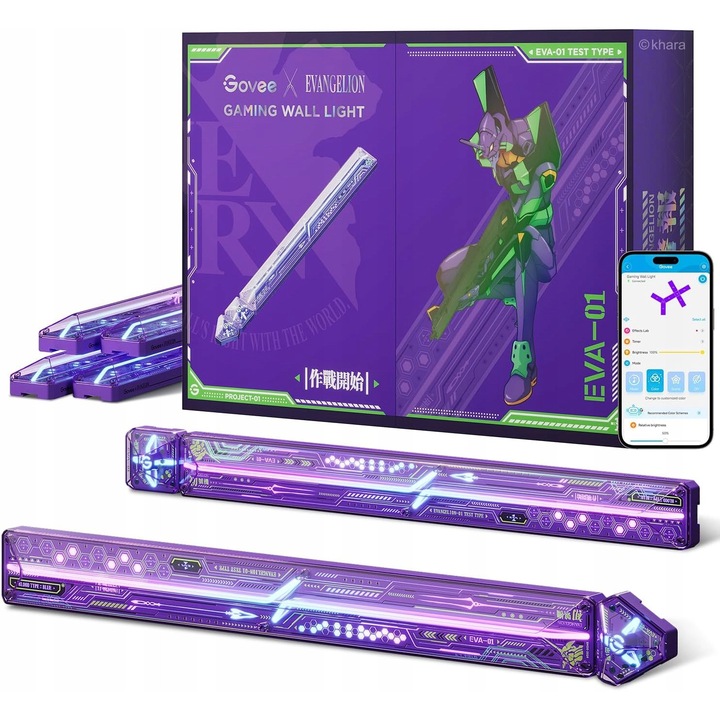 Aplica LED Govee Evangelion RGB, design cyberpunk, 12x4x45cm, set 6 sectiuni de lumina