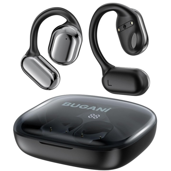BUGANI vezeték nélküli fejhallgató Bluetooth 5.4-gyel, ANC-vel, 30 óra üzemidővel, nyitott fülű kialakítással, fekete, teljes készlet