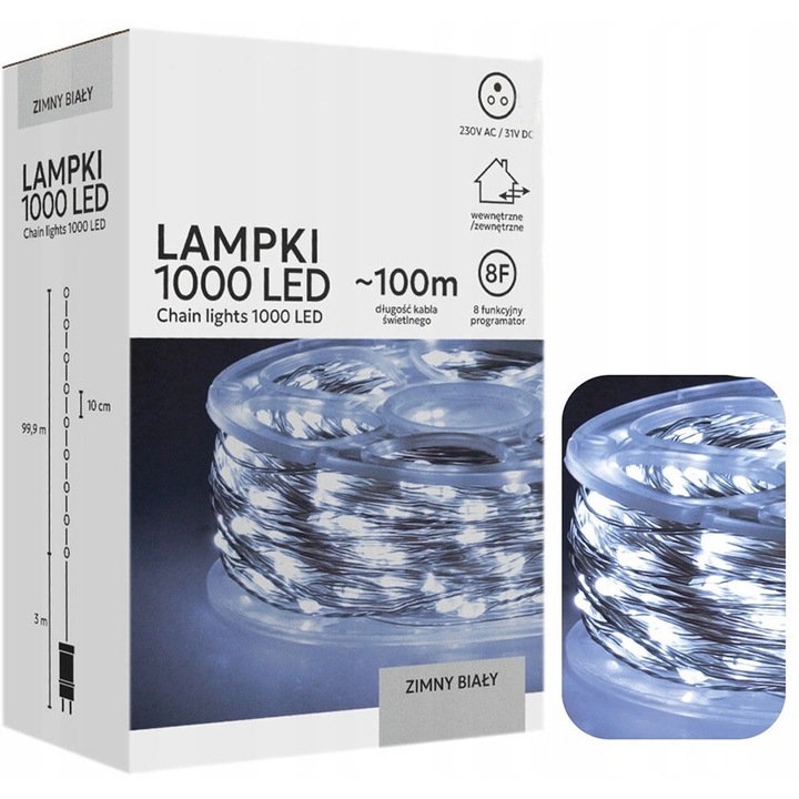 Chomik karácsonyi fényfüzér, 100m, 1000 microLED, hideg fehér, orsóval