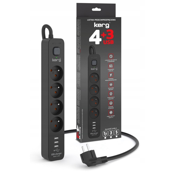 Prelungitor KERG 4 gniazde cu incarcator USB 3x, 3m, 394x50x38mm