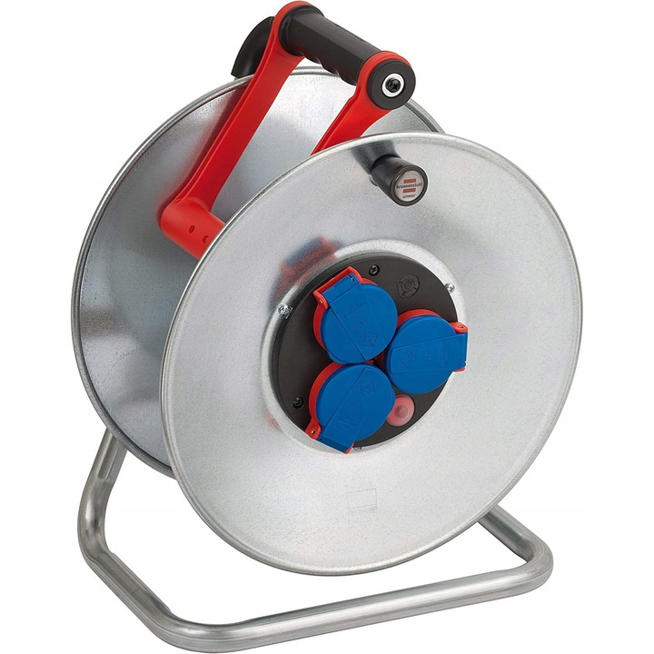 Beben pe tambur Garant S, 3 gniazde Schuko, IP44, 37x19x29,5cm, argintiu-rosu-albastru