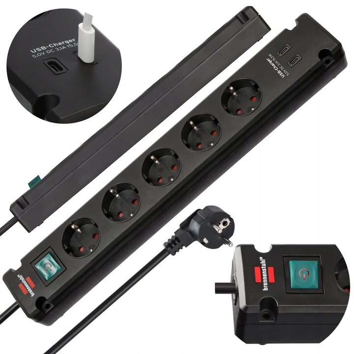 Prelungitor Brennenstuhl, 5 gniazde, cablu 3m, USBC
