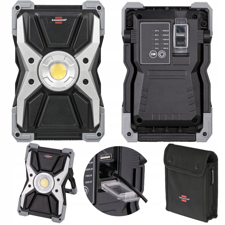 Proiector LED portabil Rufus, 3000lm, IP65, 21x14x5cm, set cu acumulator si cablu de incarcare