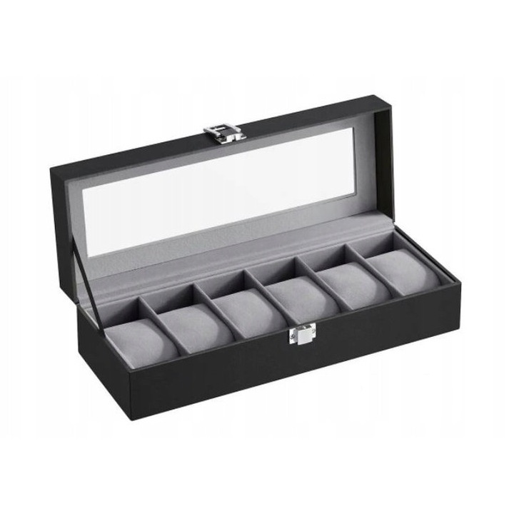 Cutie pentru ceasuri, 6 compartimente, gri, 30x11x8cm