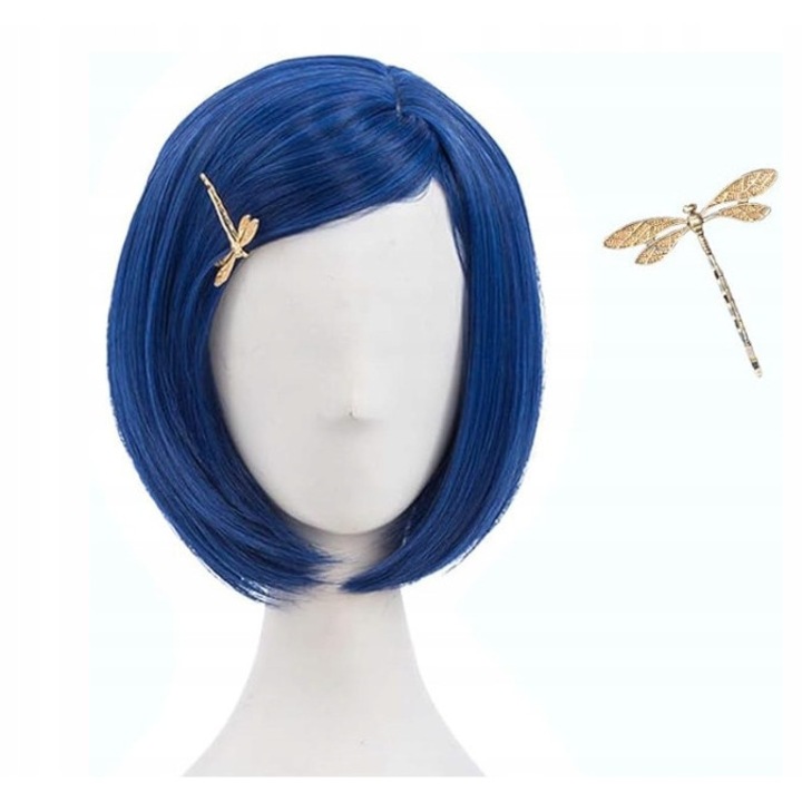 Peruca bob albastra cu agrafa si colier, set pentru cosplay, 30 cm