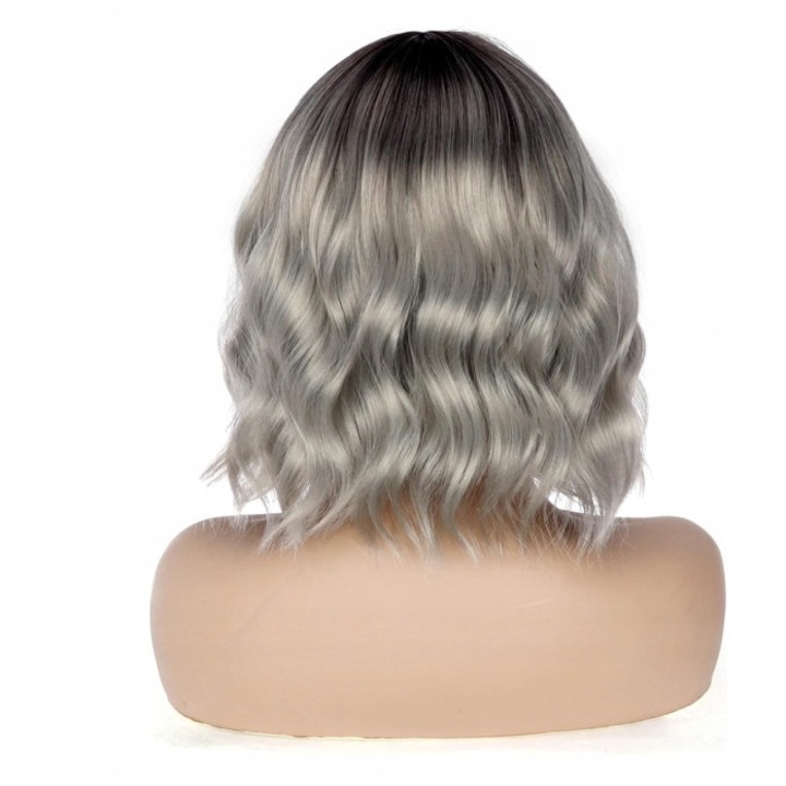 Peruca bob scurta cu breton, sintetica, 30 cm, gri ombre, set ajustabil