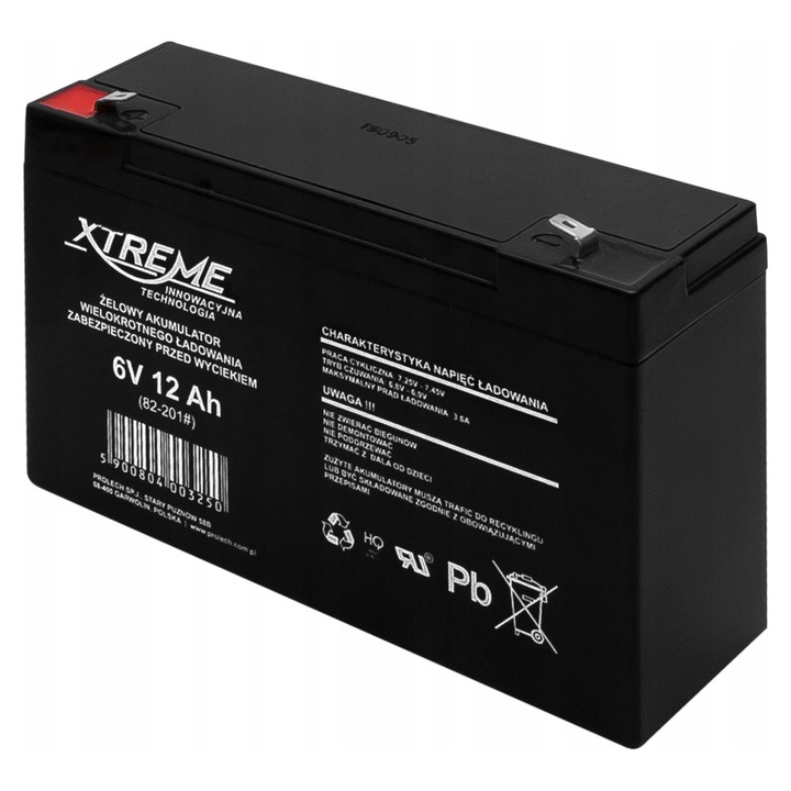 Акумулатор гел Xtreme 6V 12Ah, необслужваем, запечатан с предпазен клапан, черен, 1 бр