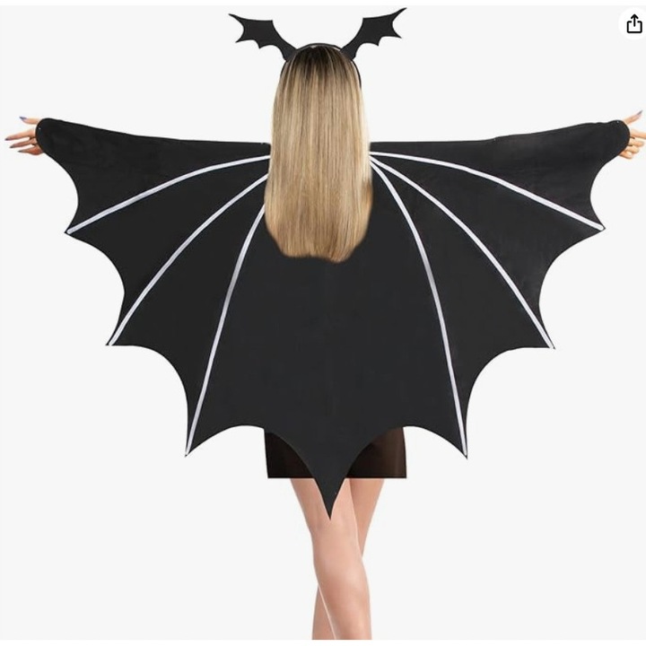 Peleryna cu aripi de liliac, costum Halloween, set cu aripi si opasa, negru, universal