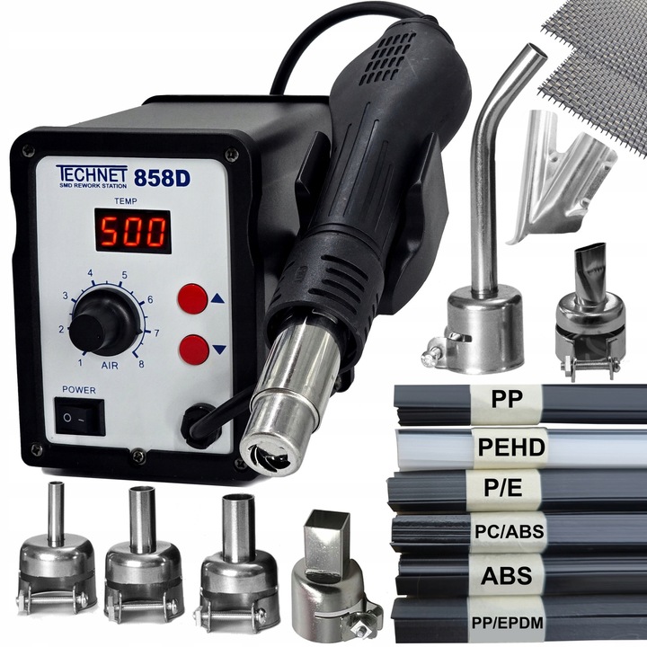 Pistol de lipit Technet 858D, 700W, set complet, 4 duze, temperatura 100-500C, 2m cablu