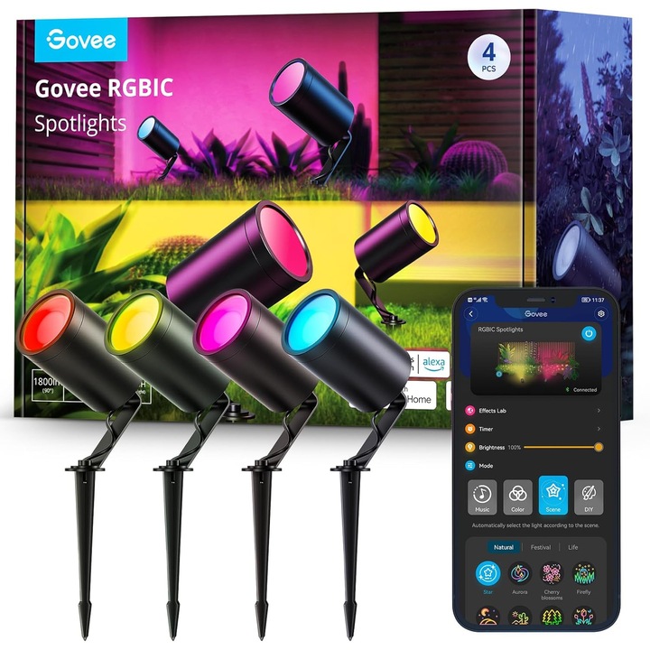 Set 4 x Lampi solare Govee H7066 RGBICW, waterproof, 20.000 ore, multicolor